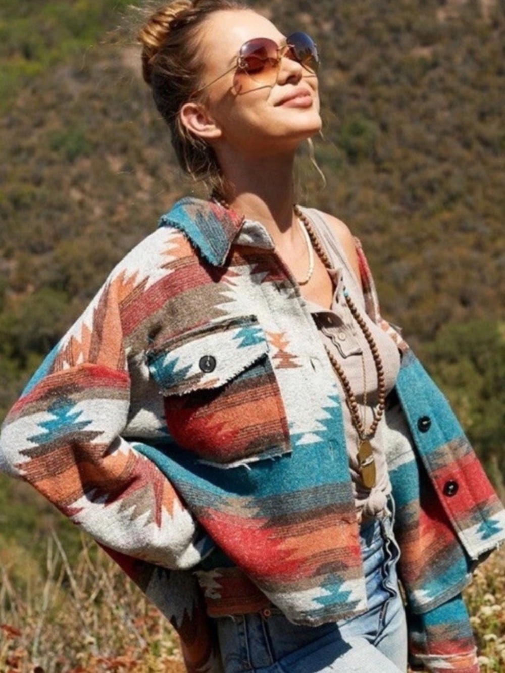 Multicolor Aztec Utility Jacket - Teal, Red, Brown Southwestern Shacket
